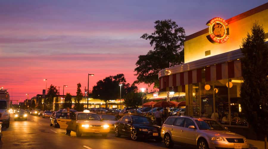 Carytown restaurants and shops at dusk