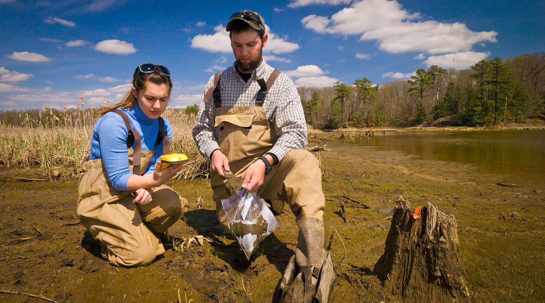 Researchers taking soil samples in marsh